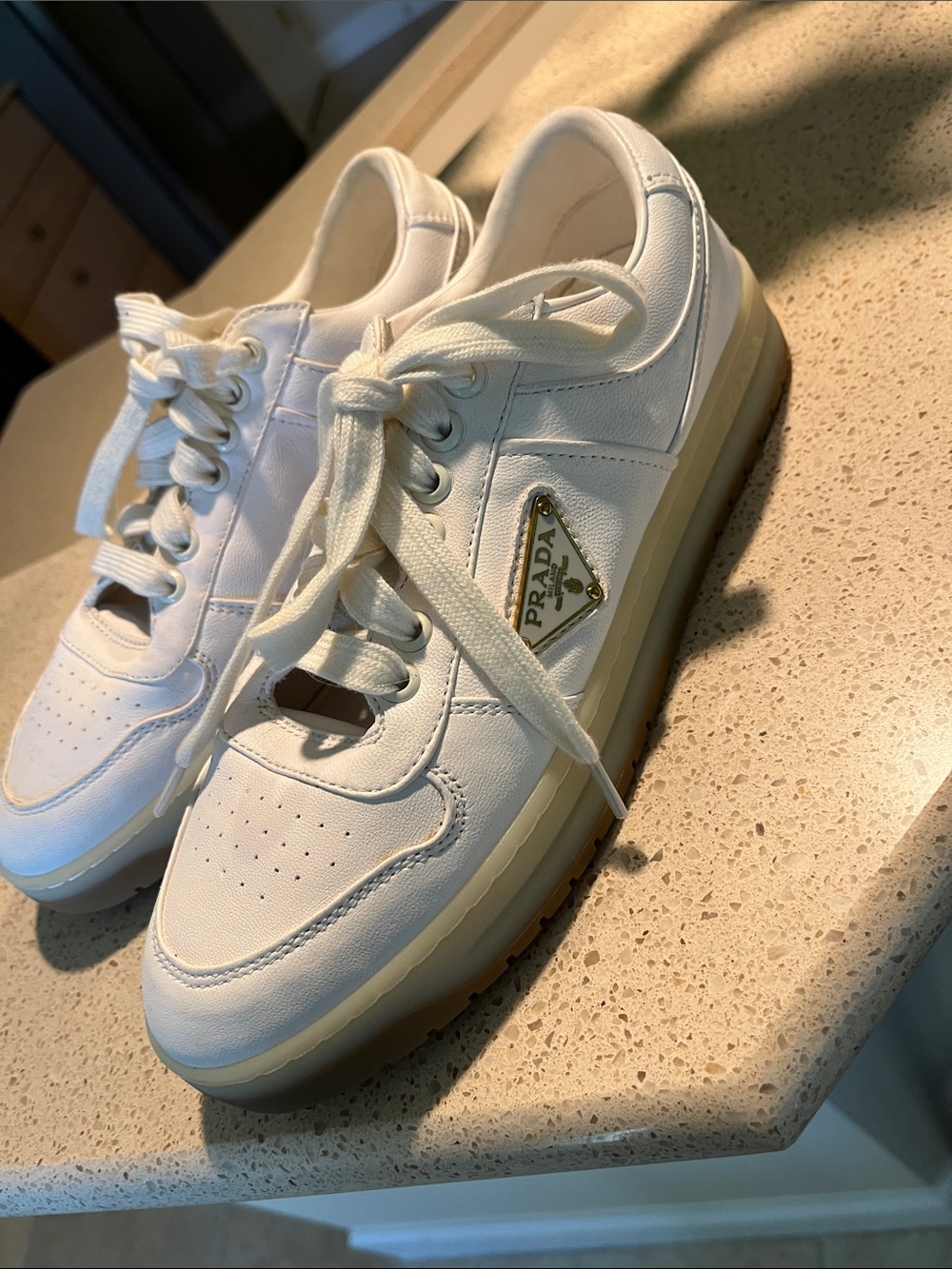 Prada White Leather Sneakers with Gold Triangle Logo size 41 (8 1/2)